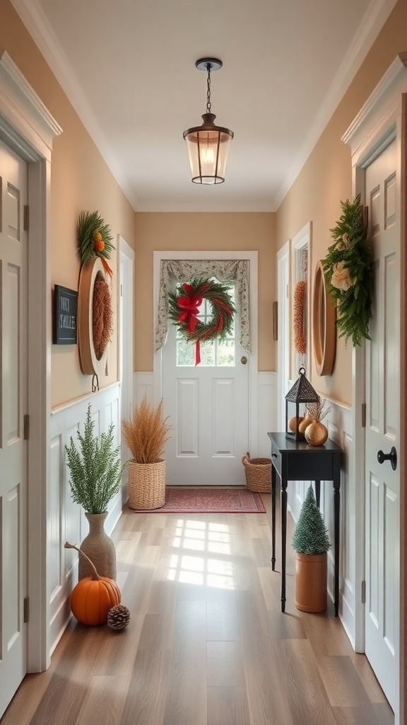 A cozy bungalow hallway decorated for fall with wreaths, pumpkins, and natural elements.