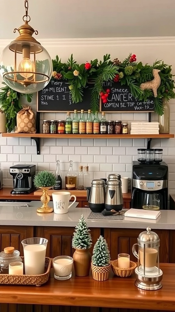A cozy coffee bar decorated for the holidays with greenery, candles, and festive decor.