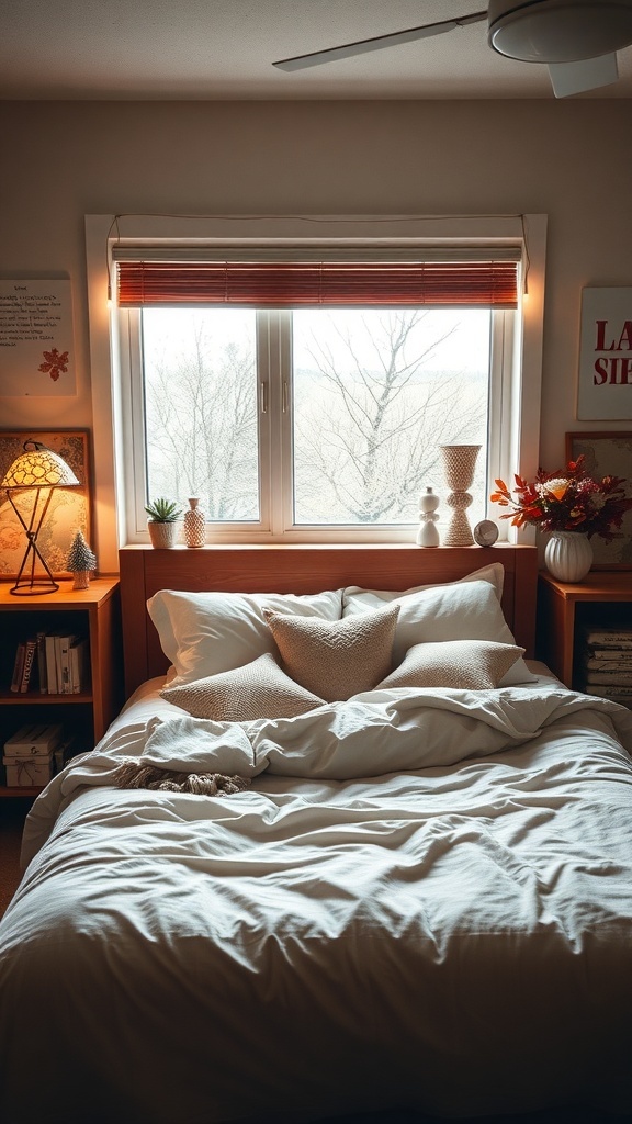Cozy dorm room with a bed, soft bedding, and warm lighting.