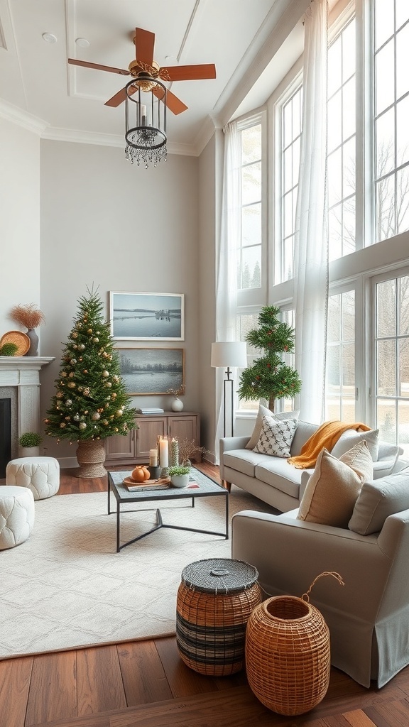 Cozy Southern living room decorated for the season with a Christmas tree, soft furnishings, and natural light.