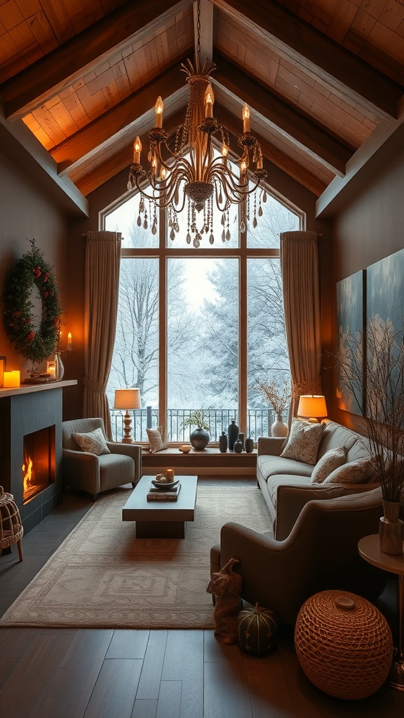 Cozy sunken lounge with a chandelier, large windows showing snow, and warm lighting.