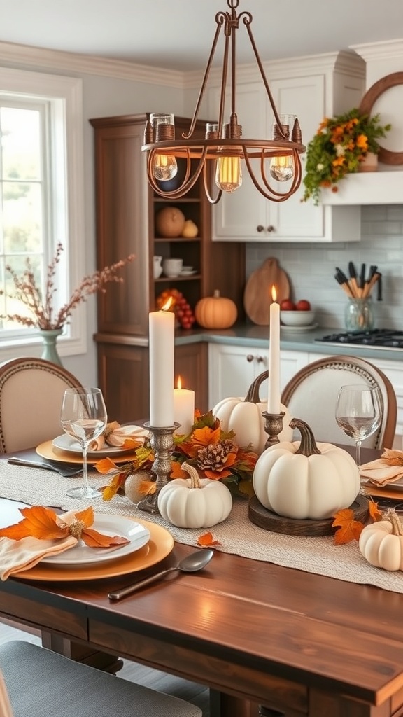 A beautifully set dining table decorated with white pumpkins, autumn leaves, and candles.