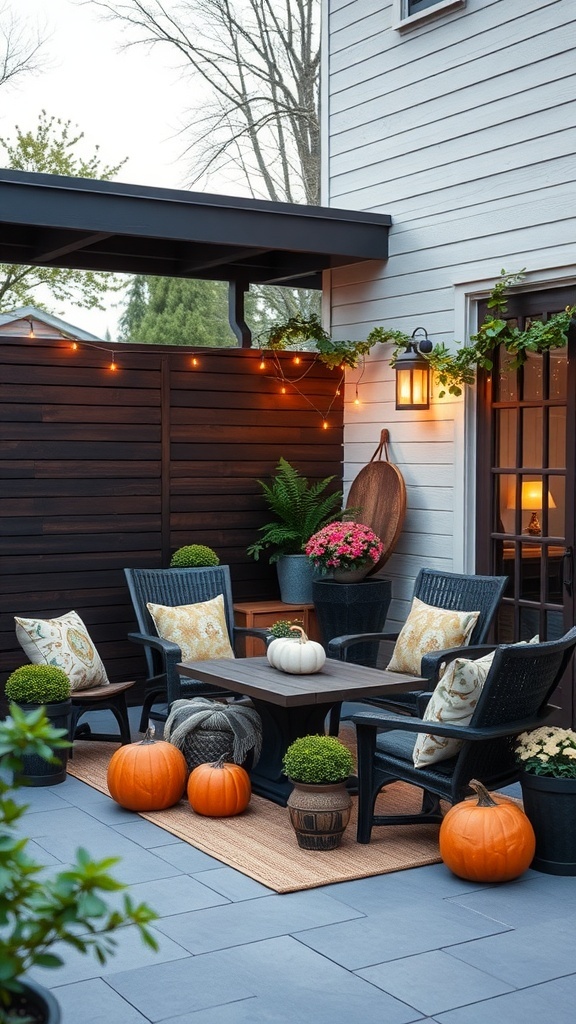 A minimalist patio decorated for fall with pumpkins, plants, and string lights.