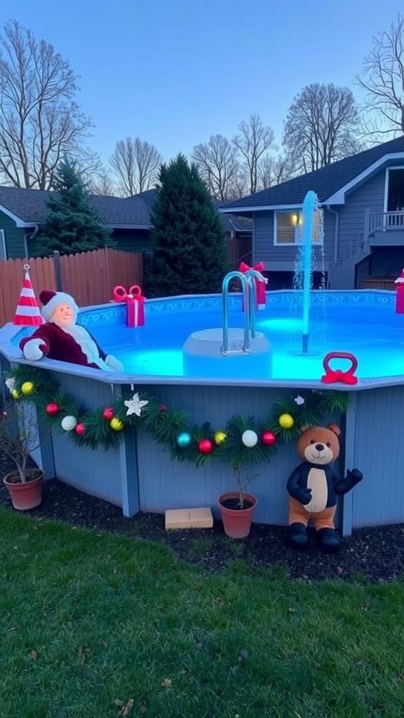 A decorated above ground pool area with seasonal decor including evergreen plants and red bows.