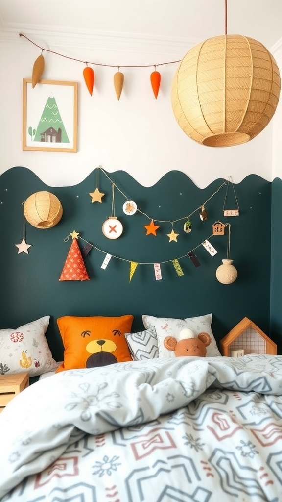 A cozy kids' bedroom with blue walls, mountain mural, and playful decor.