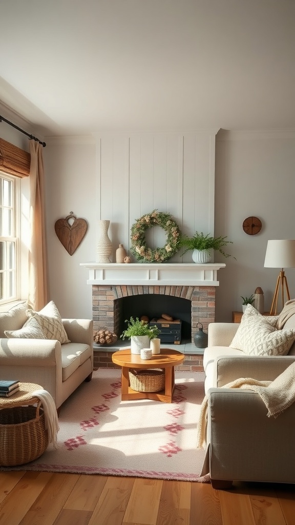 Cozy farmhouse living room with a fireplace, wreath, and natural decor elements.