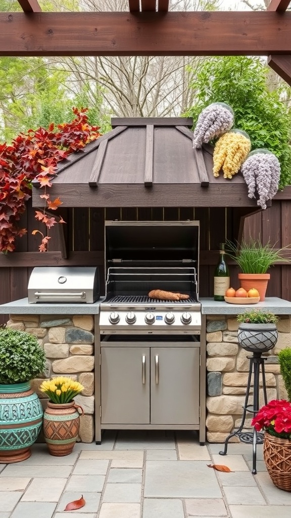A stylish outdoor grill corner with a wooden pergola, colorful flowers, and a modern grill.