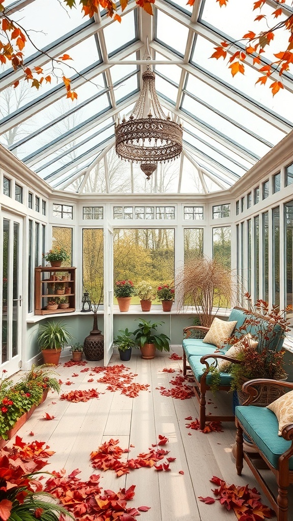 A cozy conservatory decorated with autumn leaves, plants, and a chandelier.