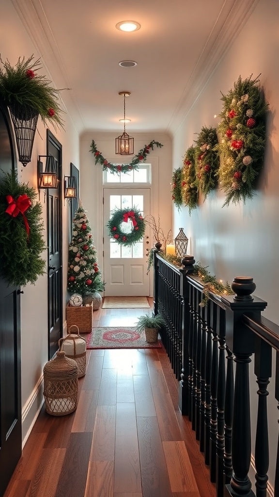A festive hallway decorated with wreaths, a small Christmas tree, and warm lighting.