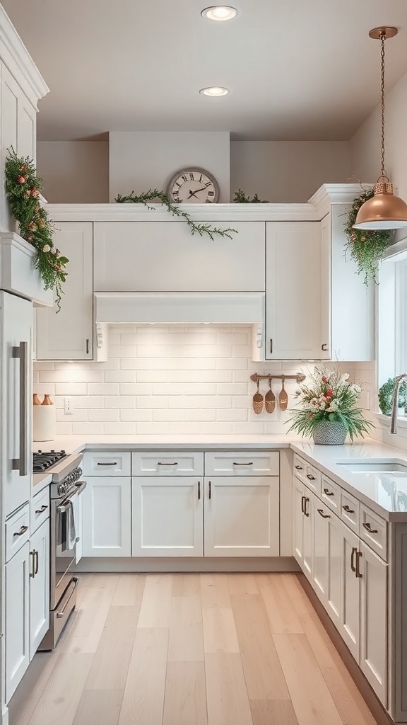 A bright white kitchen with seasonal decor, featuring greenery and flowers.