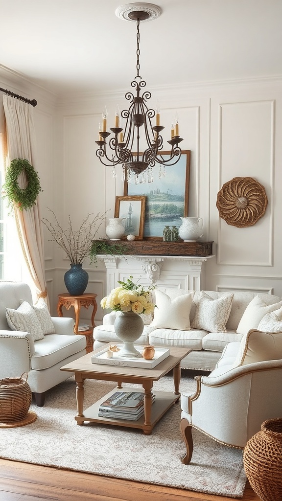 A cozy living room featuring soft neutrals, vintage decor, and seasonal touches.