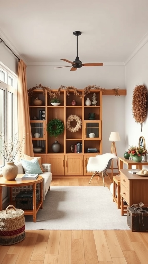 A cozy living room with seasonal decor, featuring a wooden shelf with wreaths and decorative items.