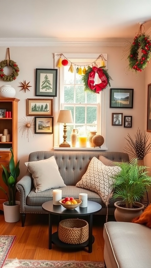A cozy living room decorated for the season with wreaths, pillows, and warm lighting.