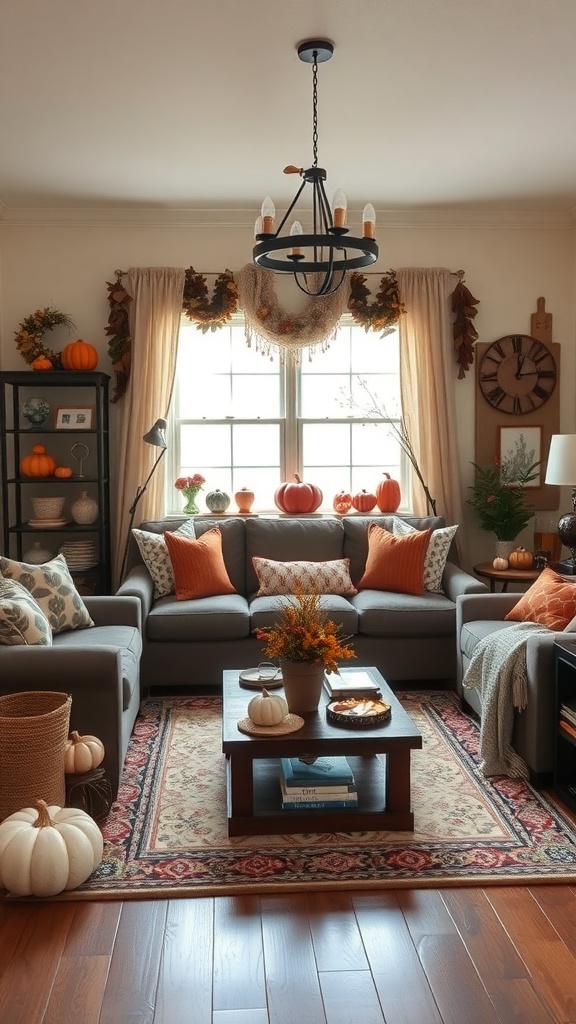 Cozy living room decorated for autumn with pumpkins, warm colors, and rustic elements.