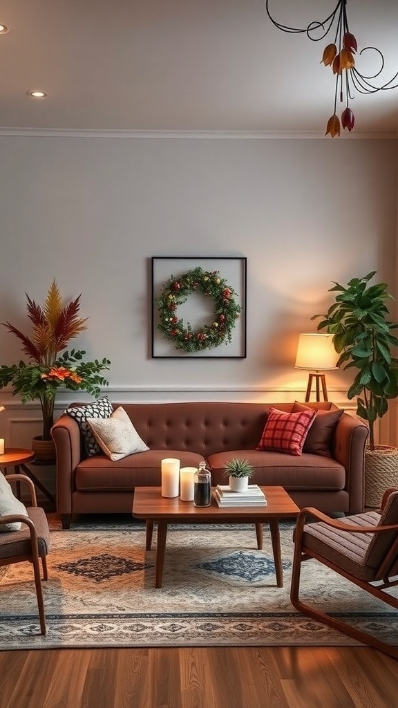 Cozy living room with seasonal decor including a wreath, warm furniture, and plants.