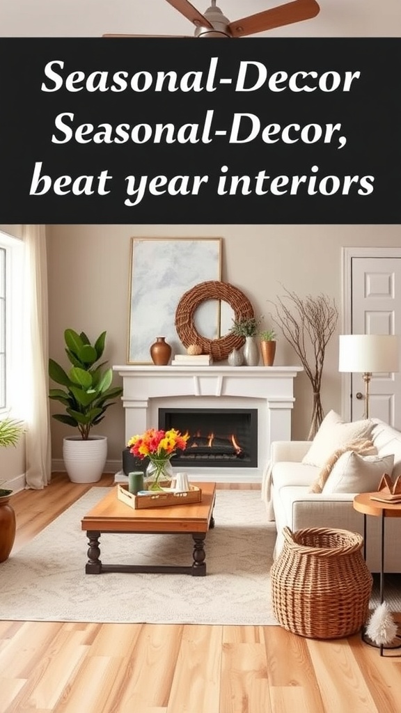A cozy living room with seasonal decor, featuring a fireplace, plants, and a coffee table.