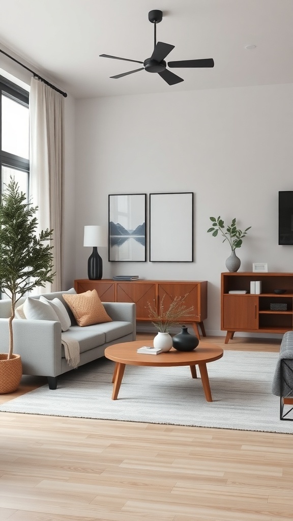 A minimalist Japandi living room featuring a light color palette, natural materials, and seasonal decor elements.
