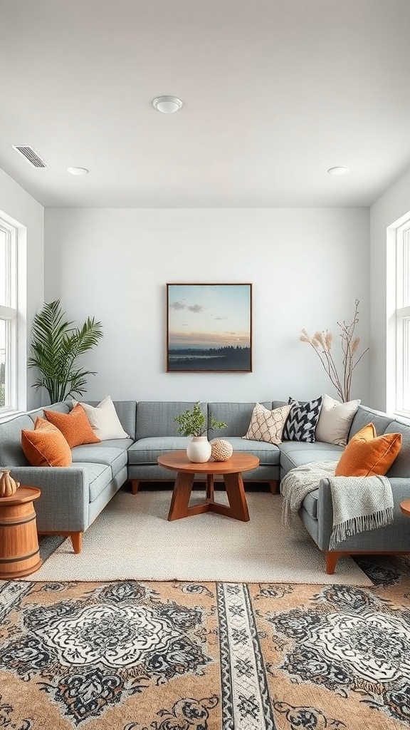 A cozy living room featuring a sunken couch with seasonal decor elements.