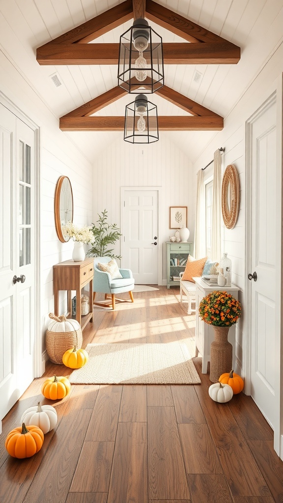 A cozy hallway with pumpkins and rustic decor, showcasing seasonal charm.