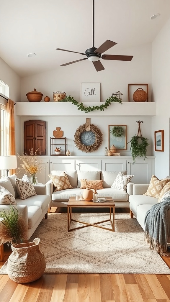 Cozy living room with neutral sofas, seasonal decor, and wooden accents