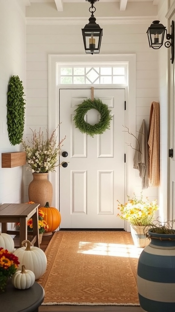 A cozy entryway decorated with a wreath, pumpkins, and flowers.