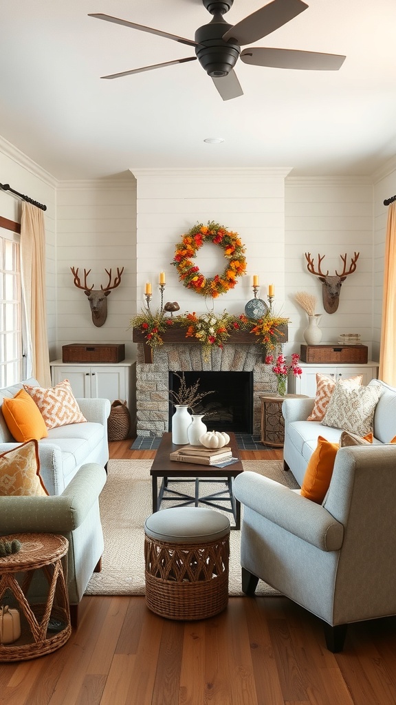 A cozy living room with seasonal decor including a wreath and colorful throw pillows.