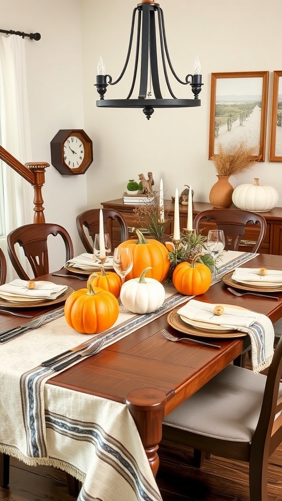 A cozy dining table set for fall with pumpkins, candles, and elegant tableware.