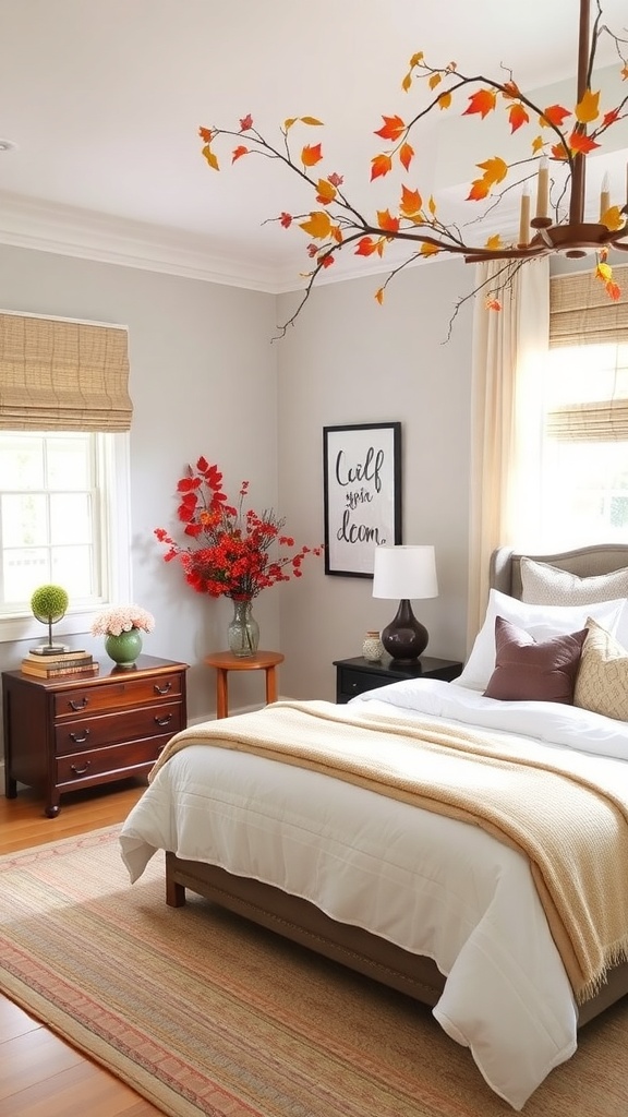 A cozy bedroom featuring seasonal decor with branches adorned with autumn leaves, vibrant flowers, and soft bedding.