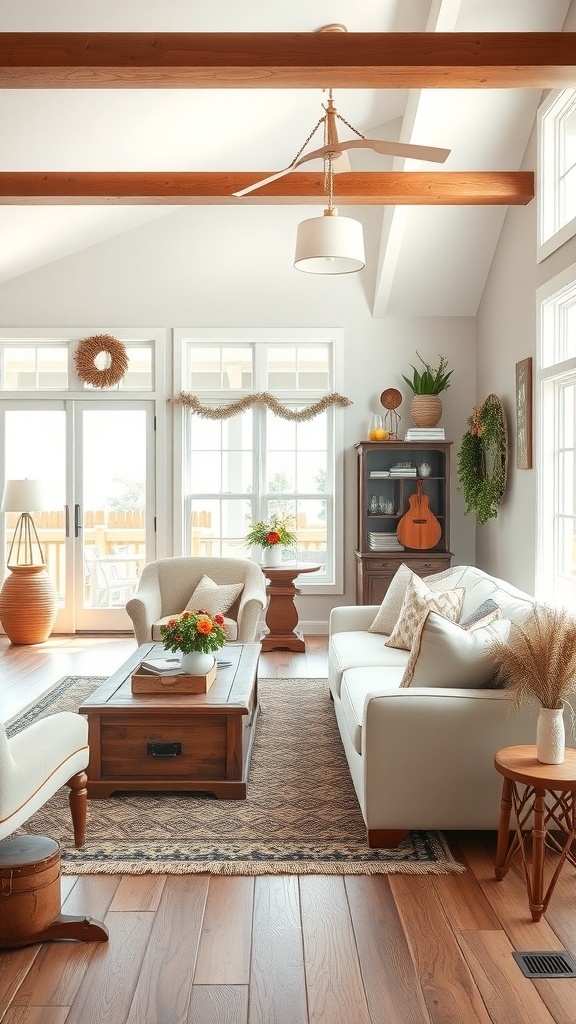 Cozy farmhouse living room with seasonal decor touches, featuring warm wood tones and floral arrangements.