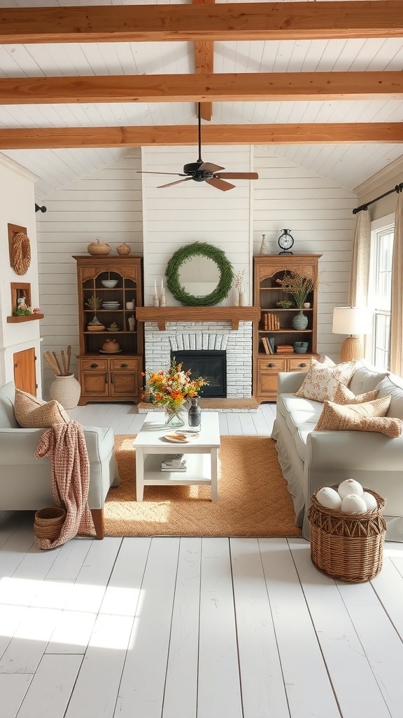 Cozy rustic farmhouse living room with seasonal decor elements