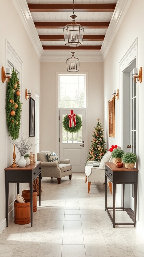A beautifully decorated bungalow hallway with wreaths, a Christmas tree, and cozy seating.