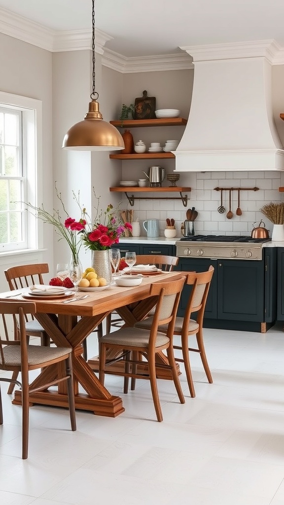 A stylish kitchen and dining area featuring a wooden dining table, elegant chairs, and seasonal floral decor.