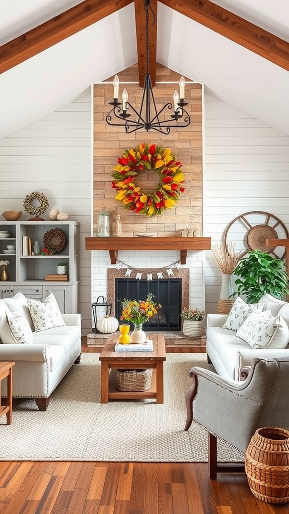 Cozy farmhouse living room with seasonal decor including a colorful wreath and pumpkins.
