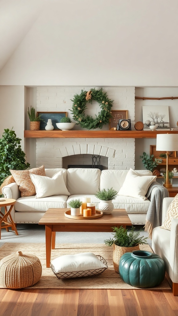 A cozy living room with a white couch, wooden coffee table, seasonal decor, and a wreath on the wall.