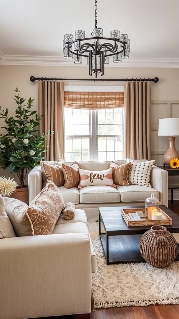 Gemütliches Wohnzimmer mit beigem Sofa, Holztisch und saisonaler Dekoration