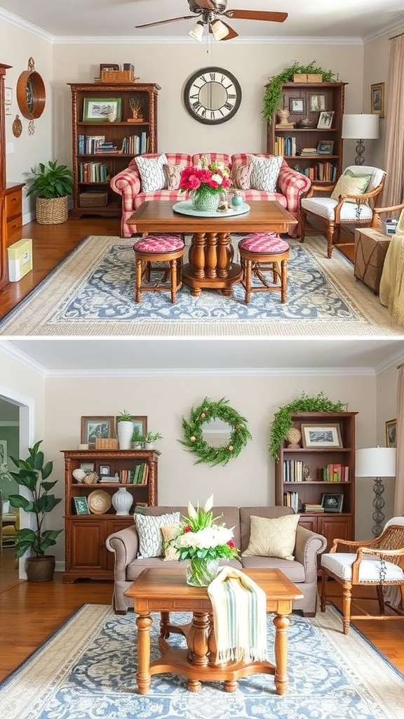 Before image of a simple room with a bench and minimal decor