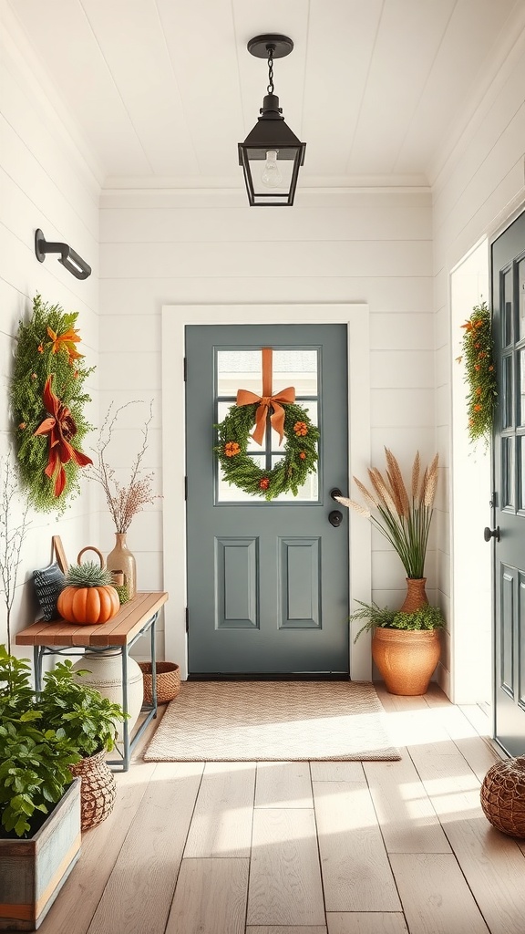 A cozy entryway featuring a green door with a wreath, a pumpkin on a wooden table, and potted plants.