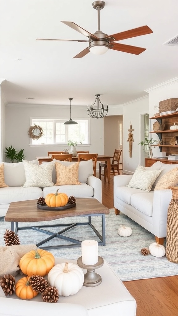 A cozy living room with pumpkins and pinecones on a coffee table, showcasing rustic farmhouse decor.