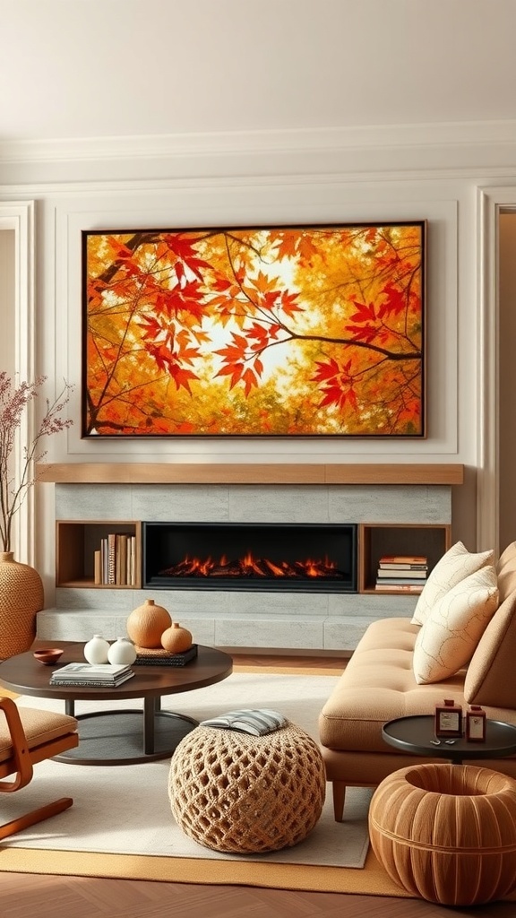 A cozy living room featuring autumn-themed wall art with vibrant orange and red leaves.
