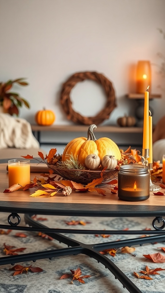 Coffee table decorated with autumn leaves, pumpkins, and candles