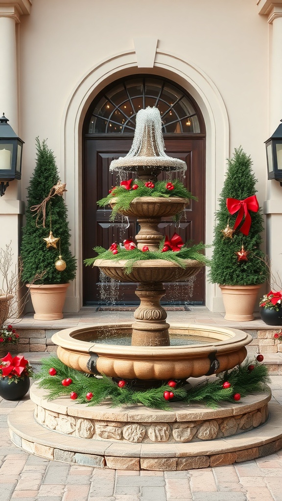 A beautifully decorated three-tier fountain with pine branches, red bows, and ornaments in front of a home entrance.