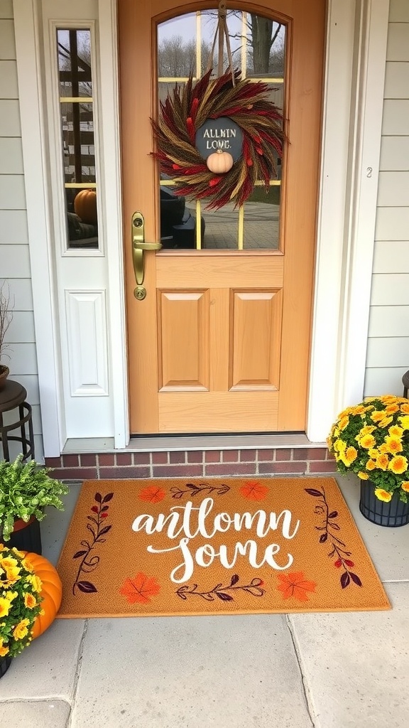 A seasonal door mat with a pumpkin design, surrounded by pumpkins and autumn wreaths.