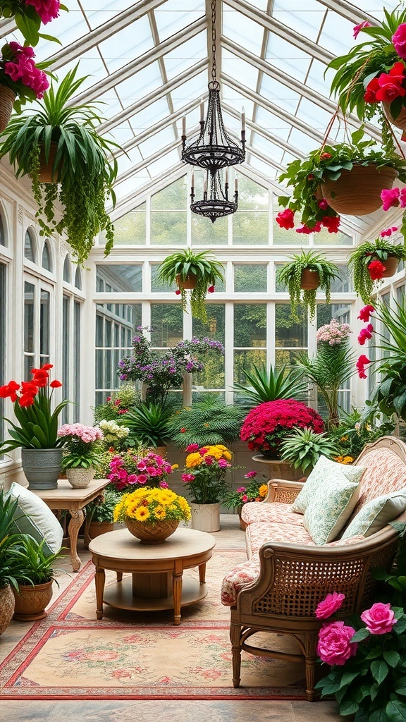 A beautifully arranged conservatory filled with colorful flowers and greenery, featuring a cozy seating area.