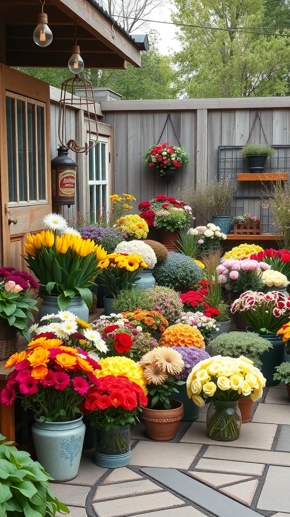 A vibrant display of seasonal flowers in various pots, showcasing a mix of colors and types, set against a rustic wooden backdrop.