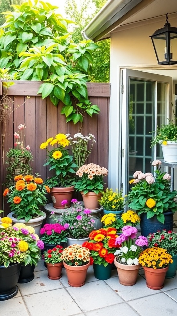 A colorful display of seasonal flowers in pots on a patio, with a wooden fence and a house in the background.