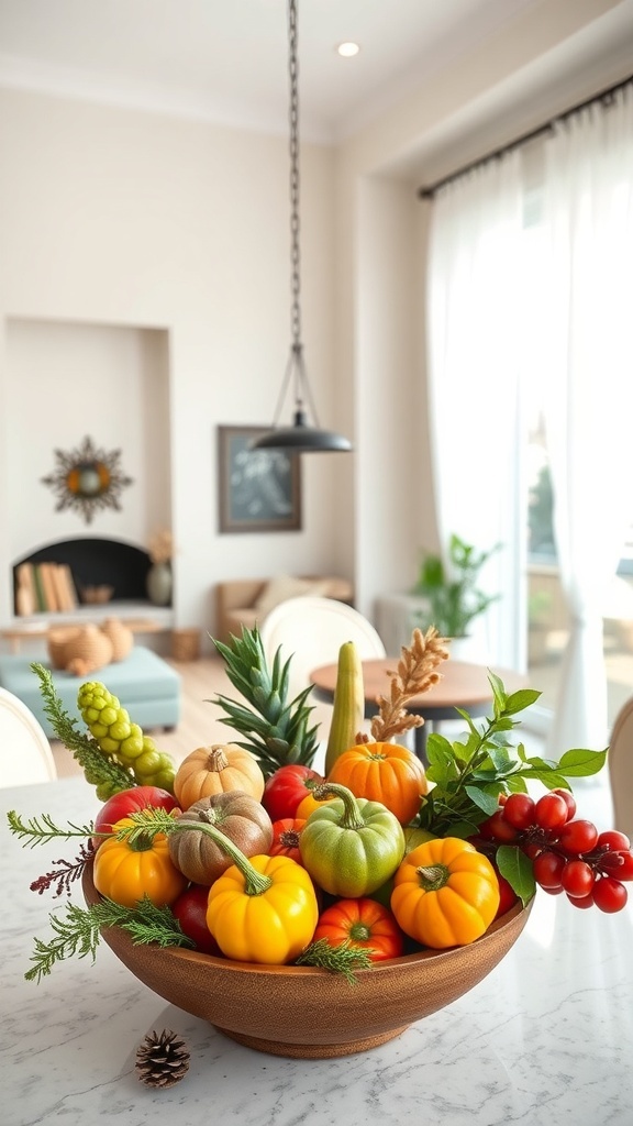 A wooden bowl filled with colorful seasonal fruits and vegetables, including pumpkins, tomatoes, and greens, set on a marble table in a bright room.