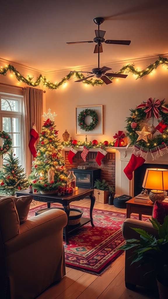A cozy living room decorated for Christmas with two trees, stockings, and warm lighting.