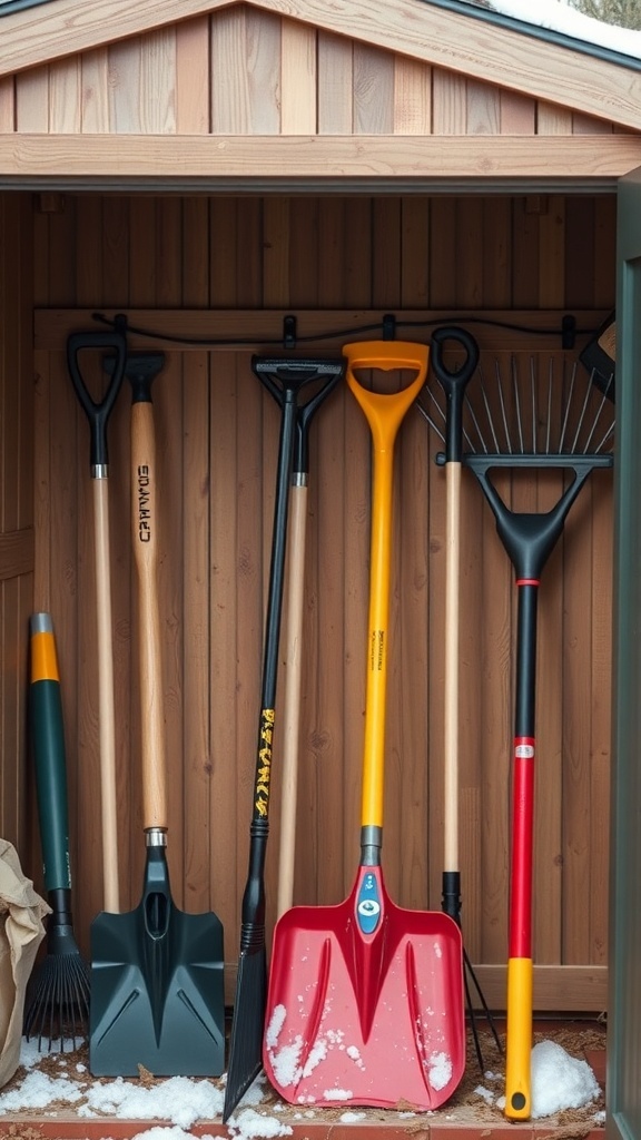 A variety of seasonal maintenance tools including shovels and rakes stored in a wooden shed.
