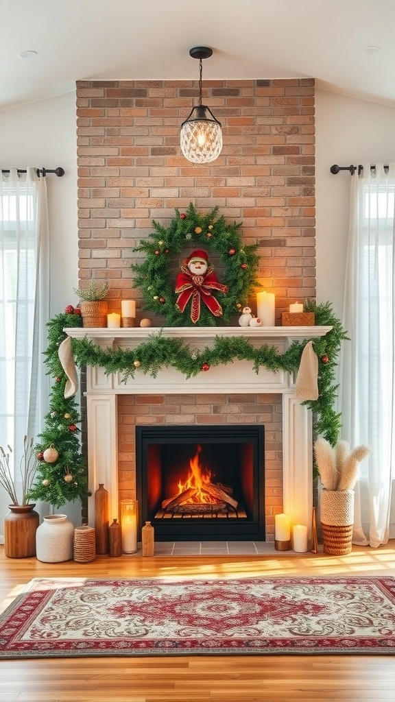 A cozy fireplace mantel decorated with a wreath, candles, and festive elements.