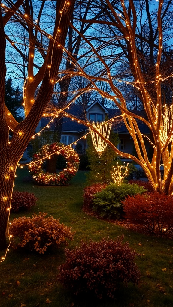 A beautifully lit outdoor scene with string lights on trees and a festive wreath.